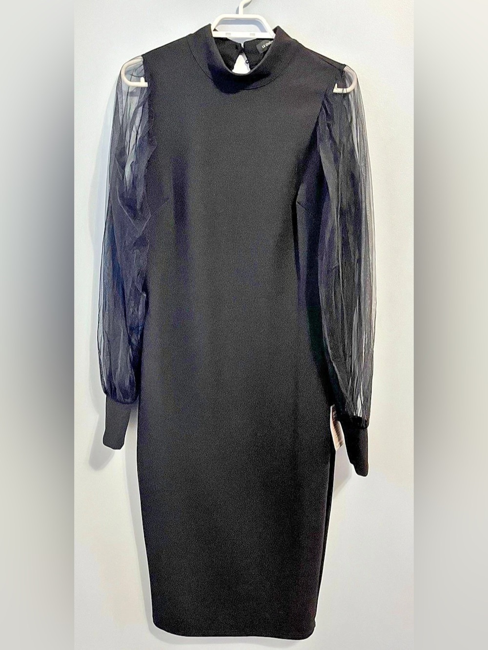 NWT Le Château Black Midi Dress Long Sheer Sleeves High Neck Size L